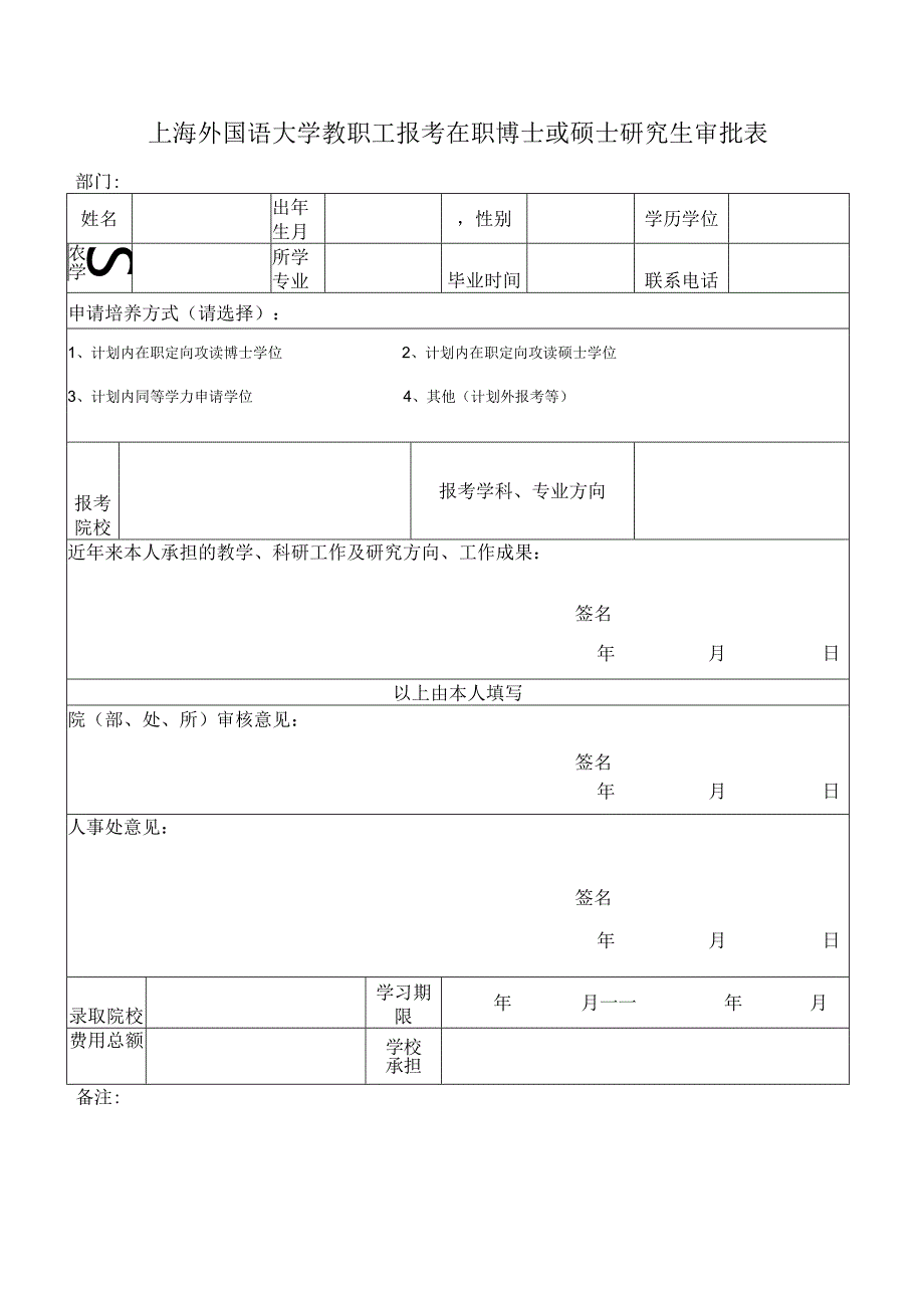 上海外国语大学教职工报考在职博士或硕士研究生审批表.docx_第1页