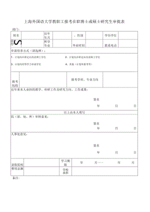 上海外国语大学教职工报考在职博士或硕士研究生审批表.docx