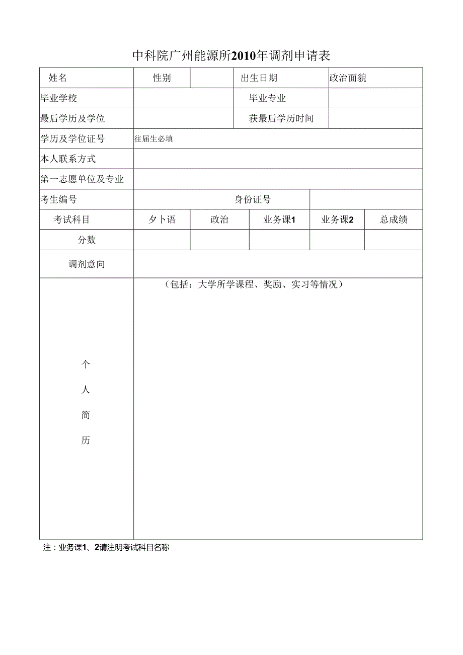 中科院广州能源所2010年调剂申请表.docx_第1页