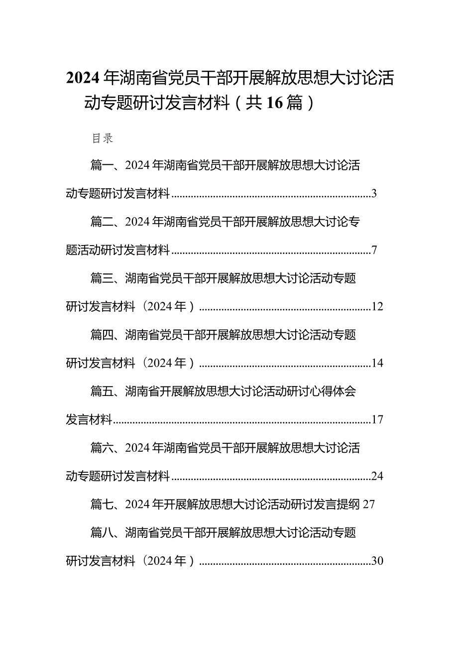 2024年湖南省党员干部开展解放思想大讨论活动专题研讨发言材料(16篇合集).docx_第1页