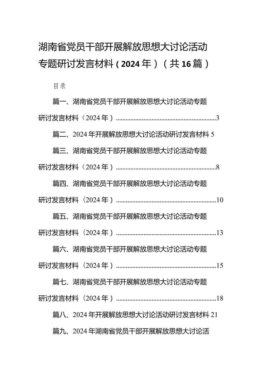 湖南省党员干部开展解放思想大讨论活动专题研讨发言材料（2024年）16篇（详细版）.docx_第1页