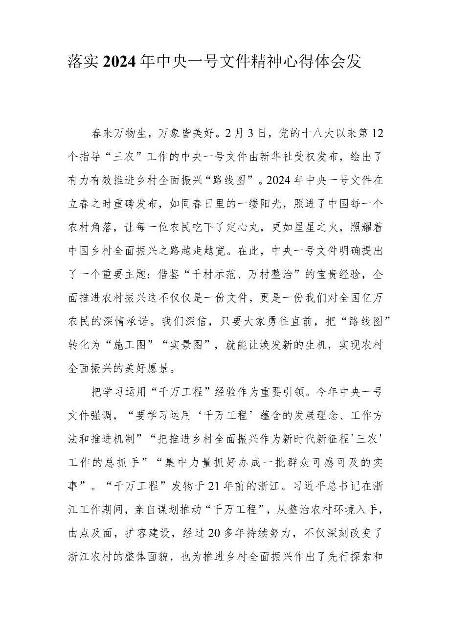 学习2024年中央一号文件精神心得体会发言.docx_第1页