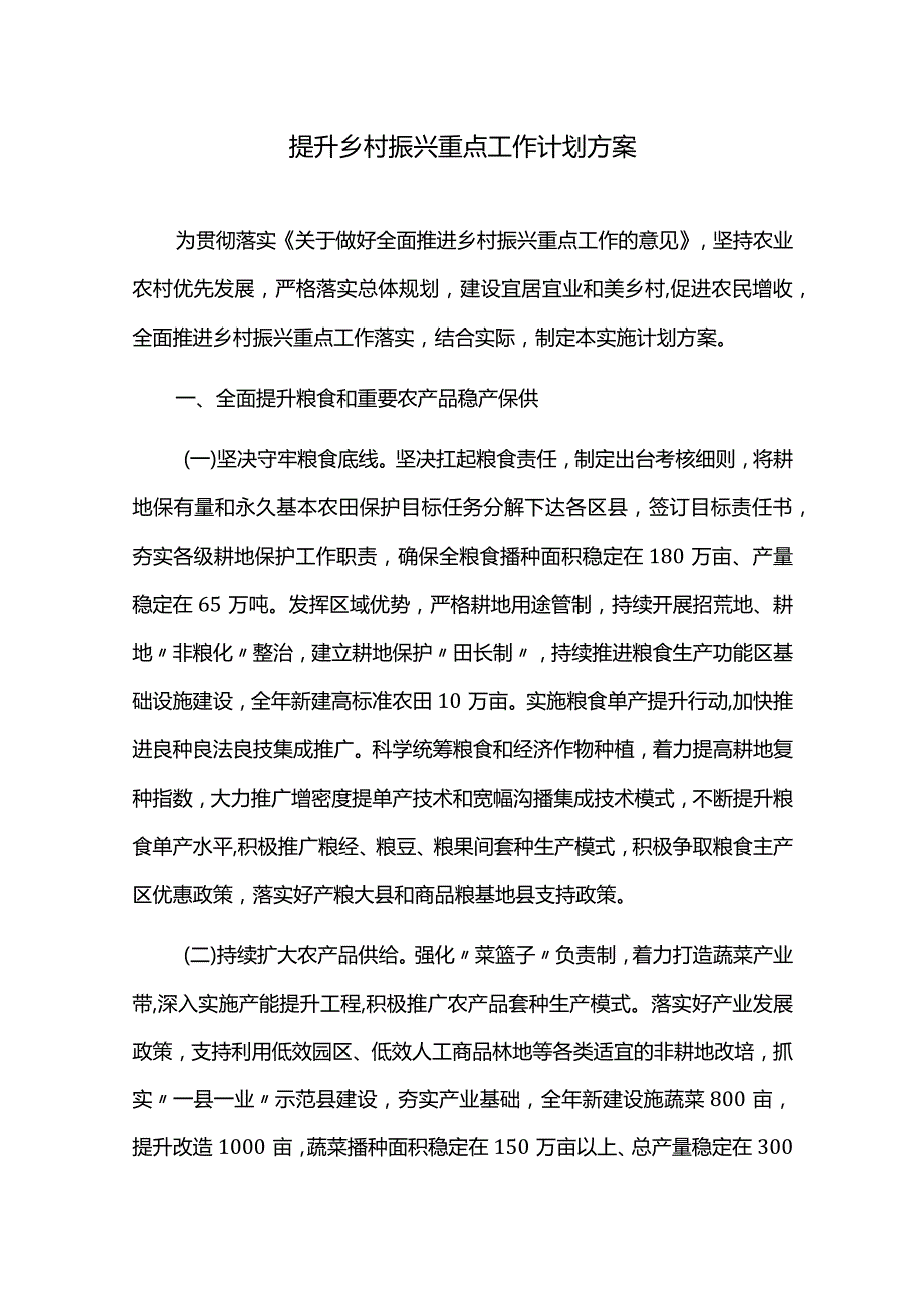 提升乡村振兴重点工作计划方案.docx_第1页