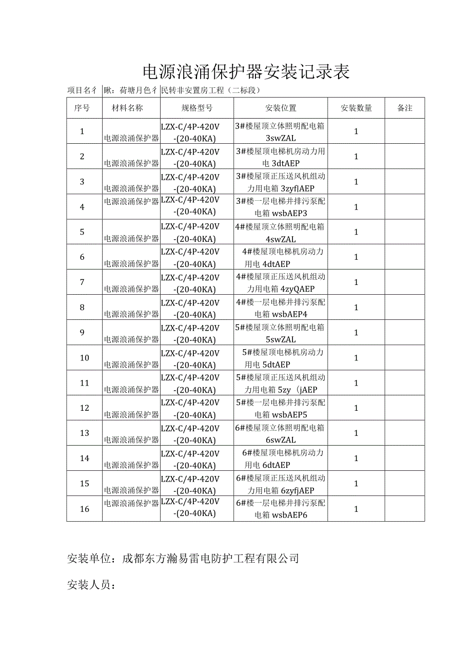 电源浪涌保护器安装记录表2.docx_第1页