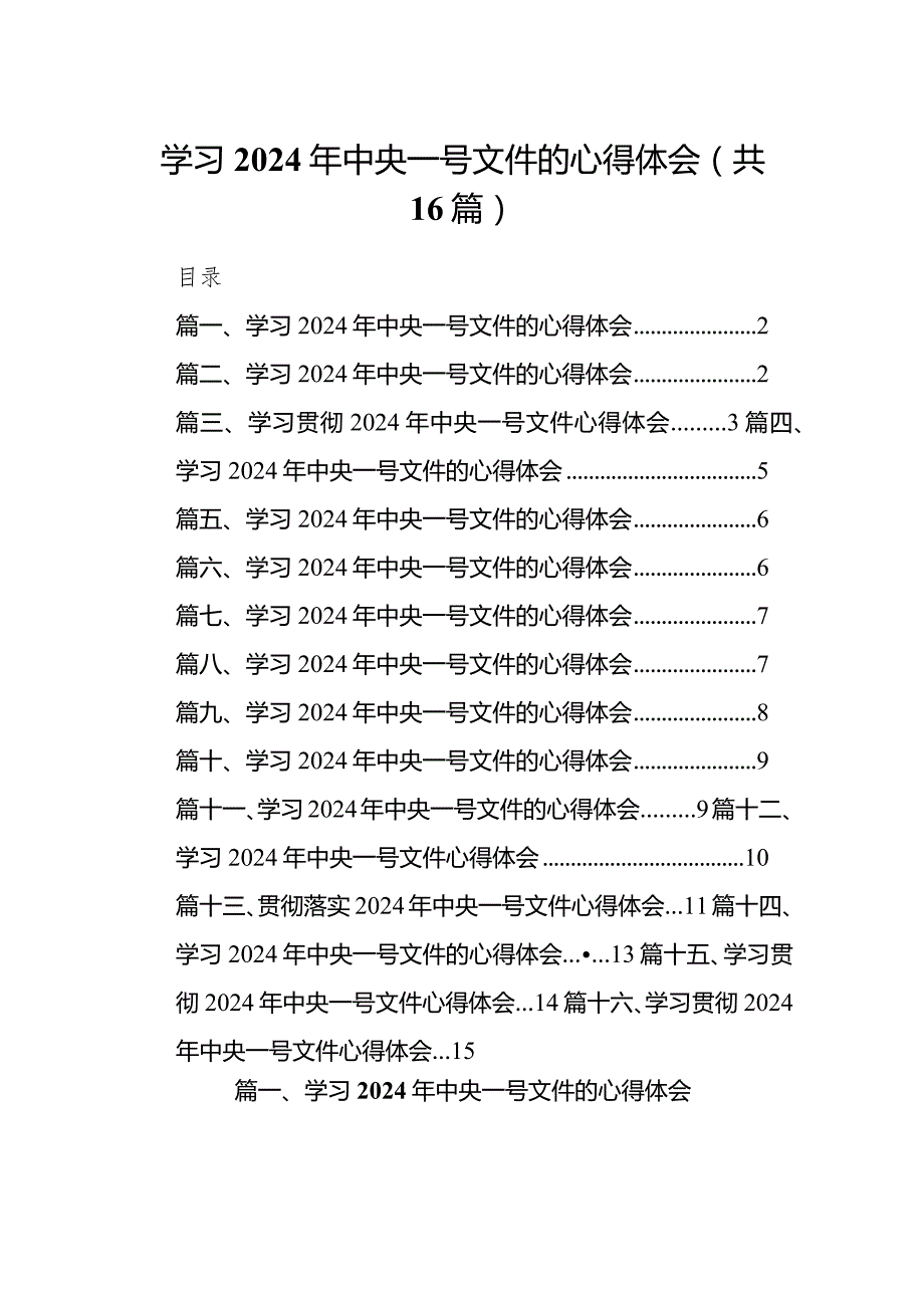 学习2024年中央一号文件的心得体会16篇供参考.docx_第1页