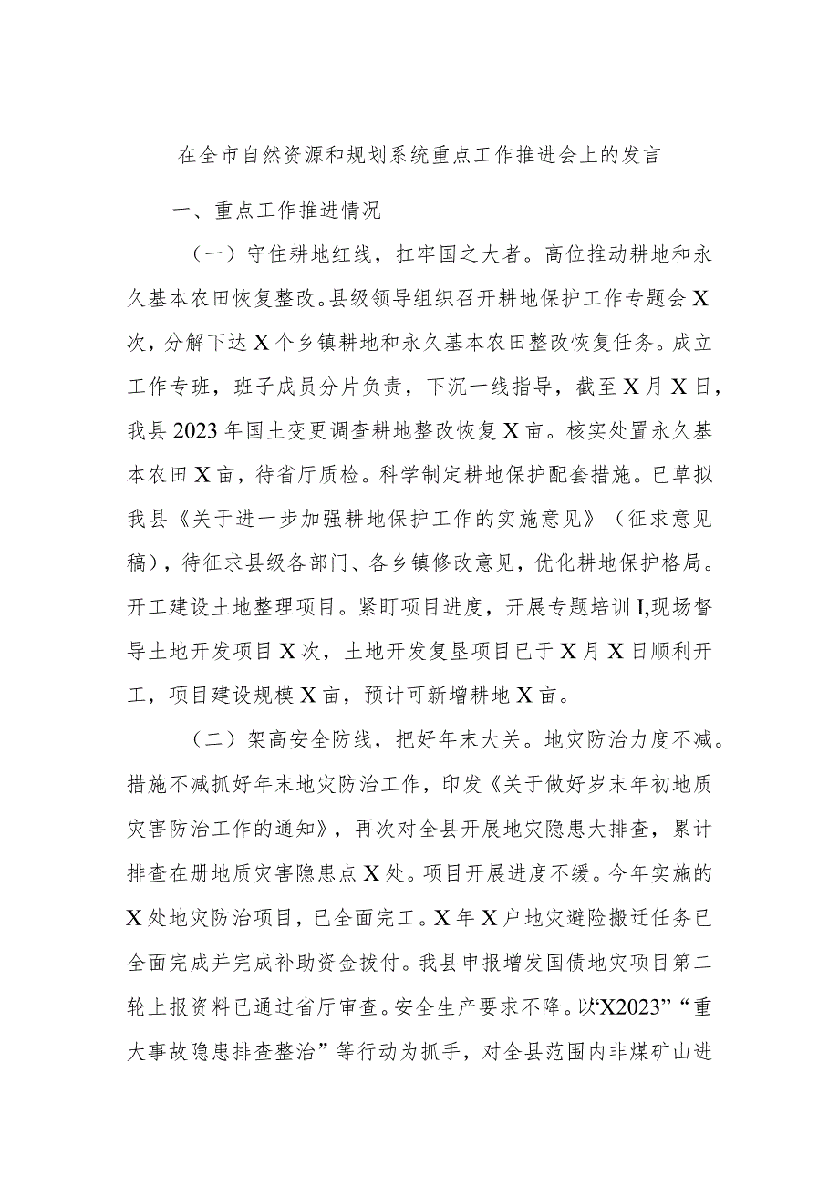 在全市自然资源和规划系统重点工作推进会上的发言 .docx_第1页