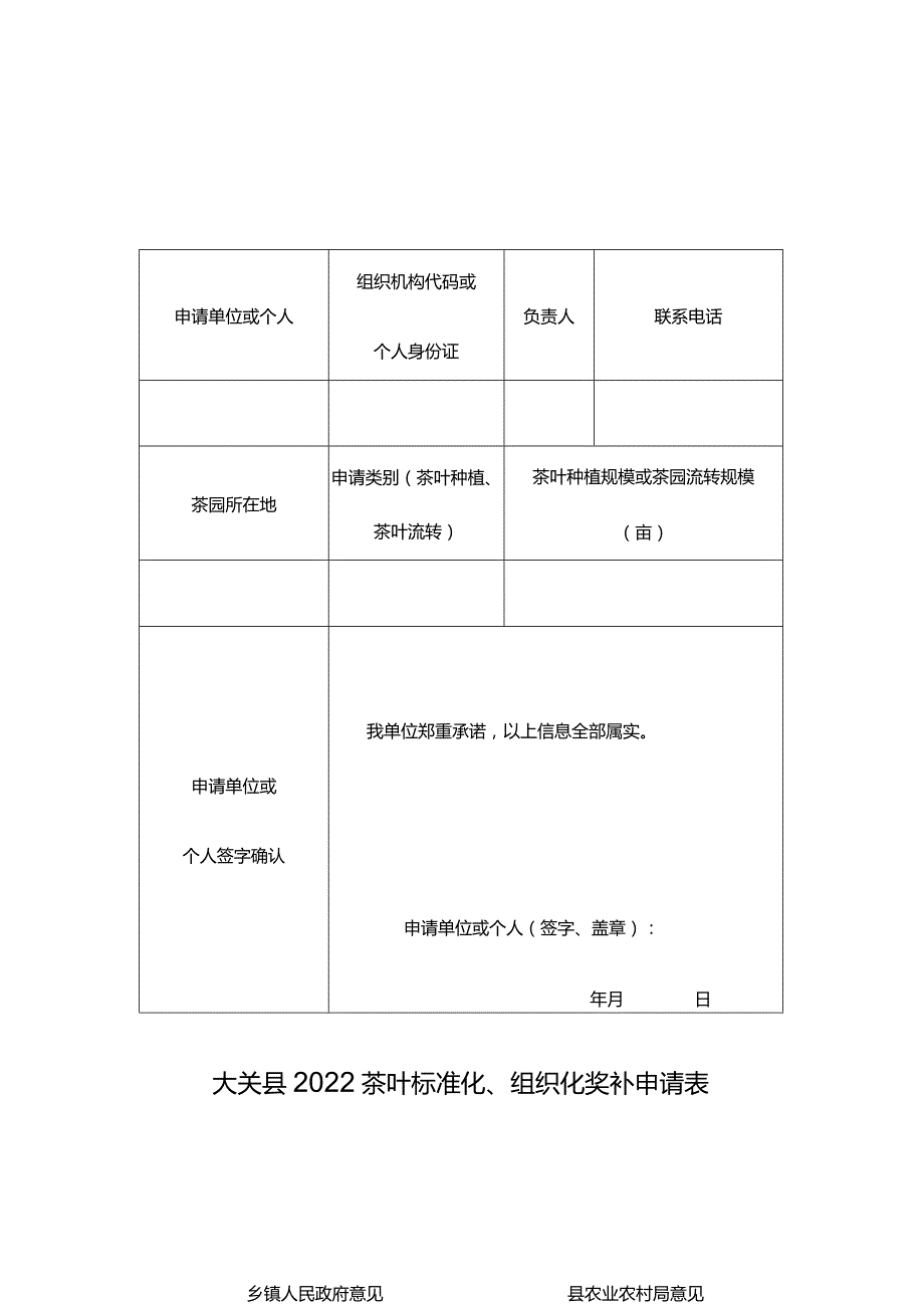 大关县2022茶叶标准化、组织化奖补申请表.docx_第1页