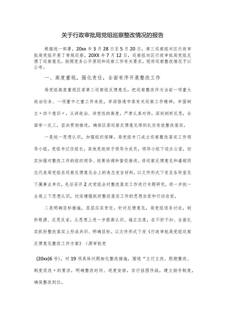 关于行政审批局党组巡察整改情况的报告.docx_第1页