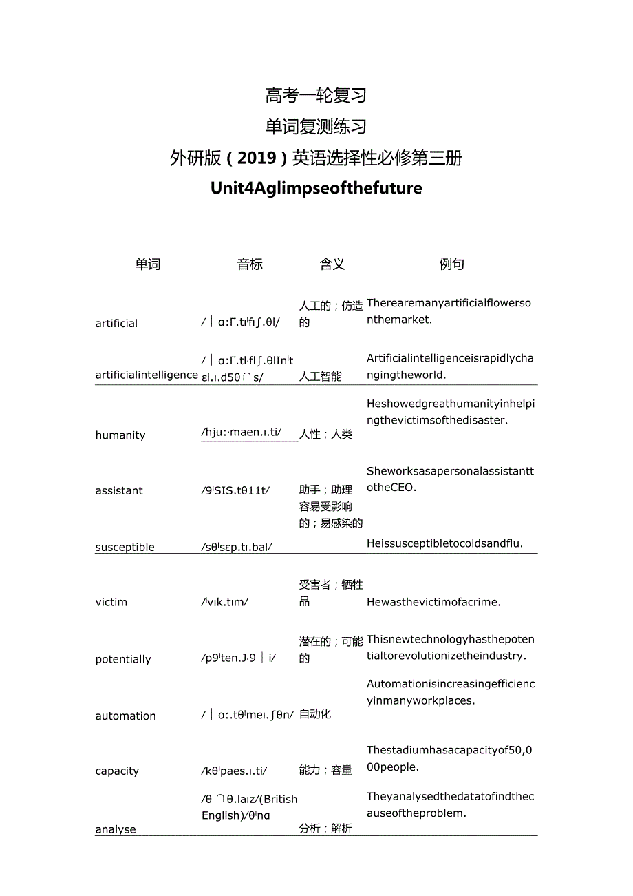 外研版（2019）选择性必修第三册Unit4Aglimpseofthefuture一轮复习单词复测练习（含答案）.docx_第1页