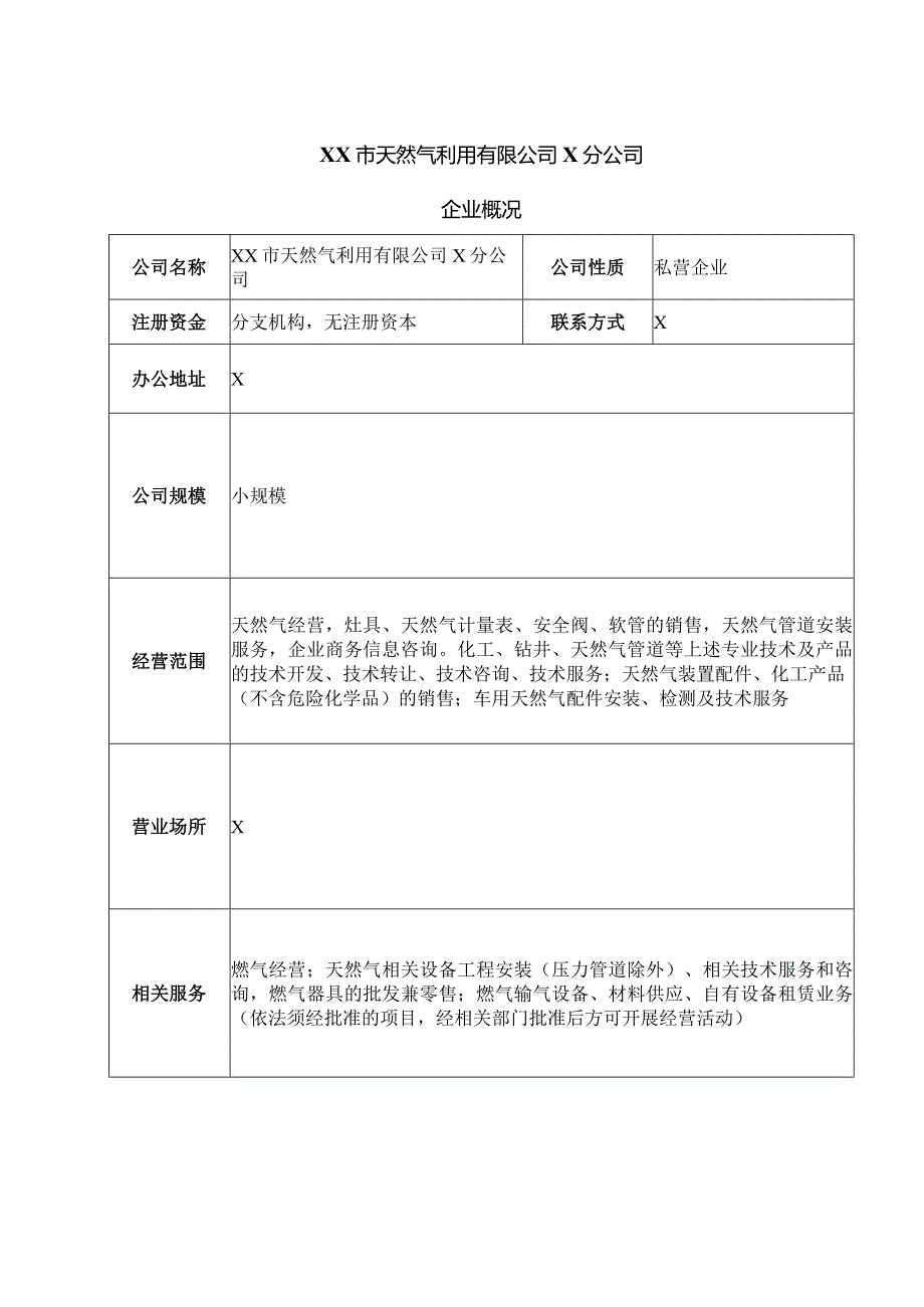 XX市天然气利用有限公司X分公司企业概况（2024年）.docx_第1页