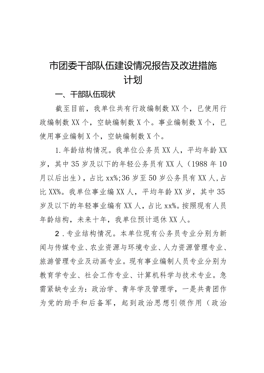 市团委干部队伍建设情况报告及改进措施计划.docx_第1页