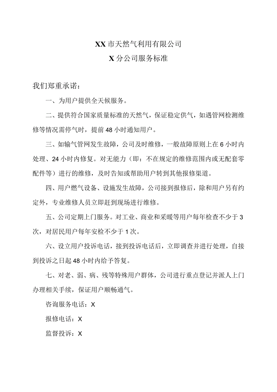 XX市天然气利用有限公司X分公司服务标准（2024年）.docx_第1页