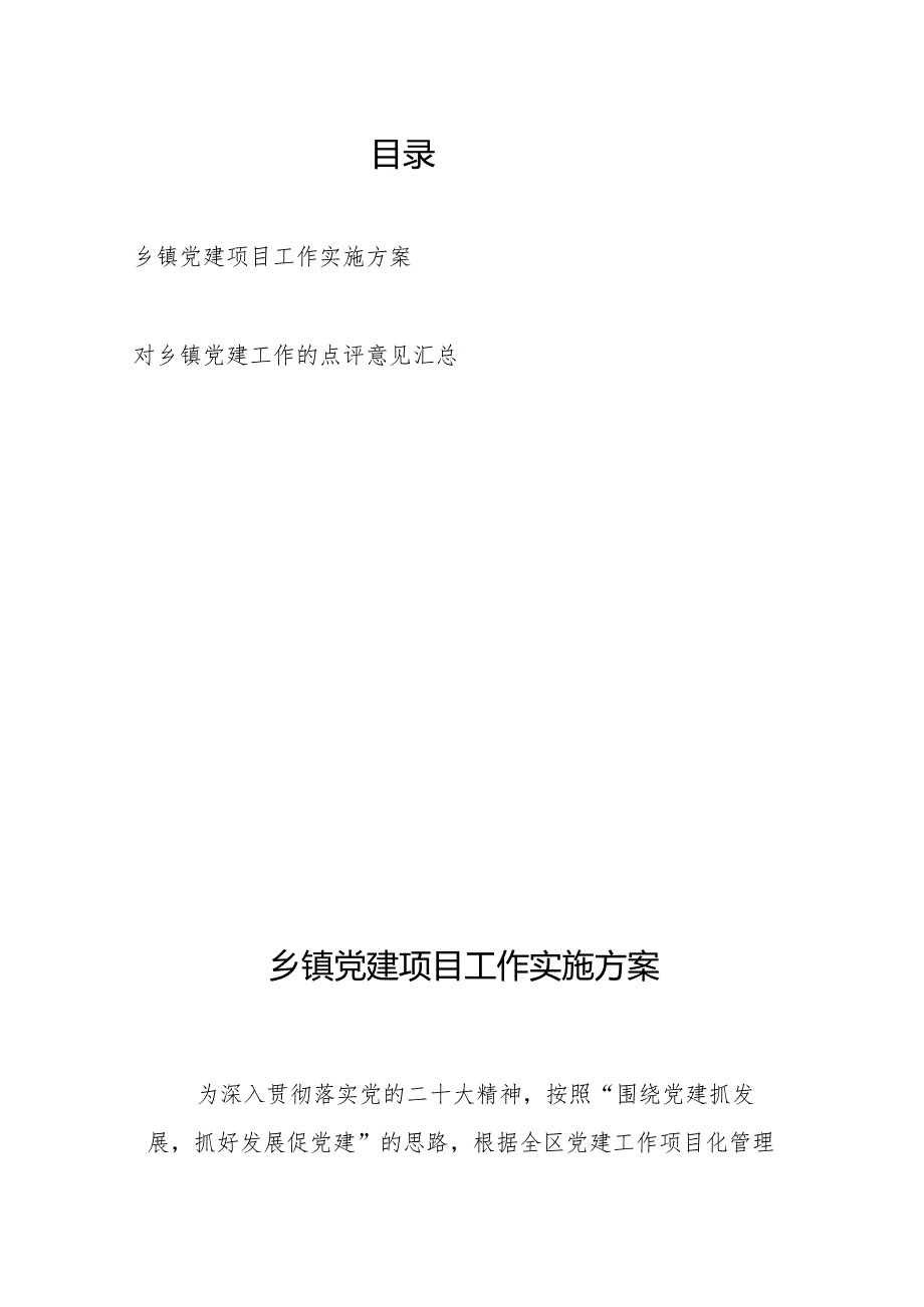 乡镇党建项目工作实施方案和对乡镇党建工作的点评意见汇总.docx_第1页