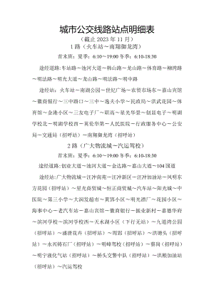 城市公交线路站点明细表截止2023年11月1路火车站～南翔御龙湾.docx