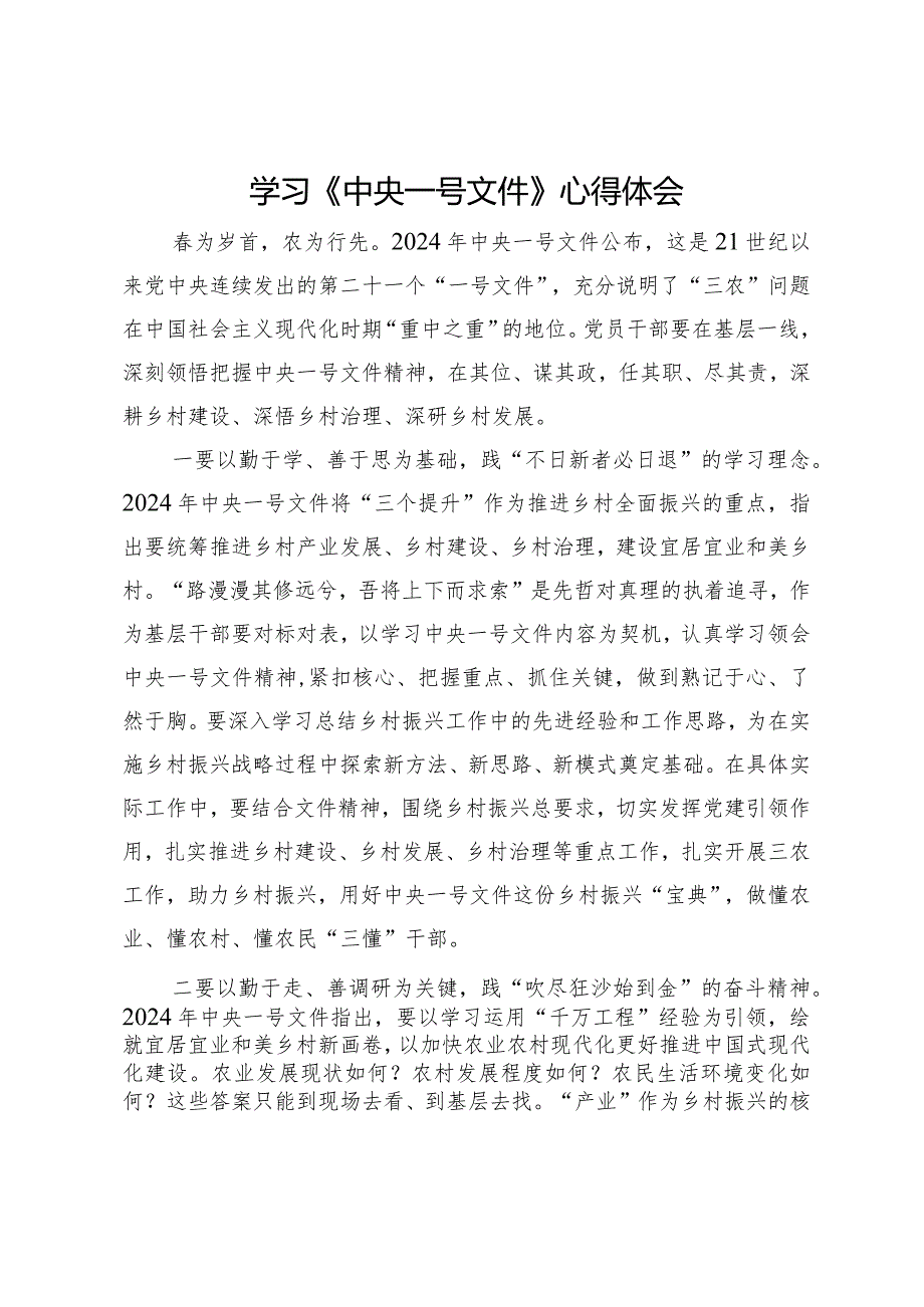 2024年学习《中央一号文件》心得体会.docx_第1页