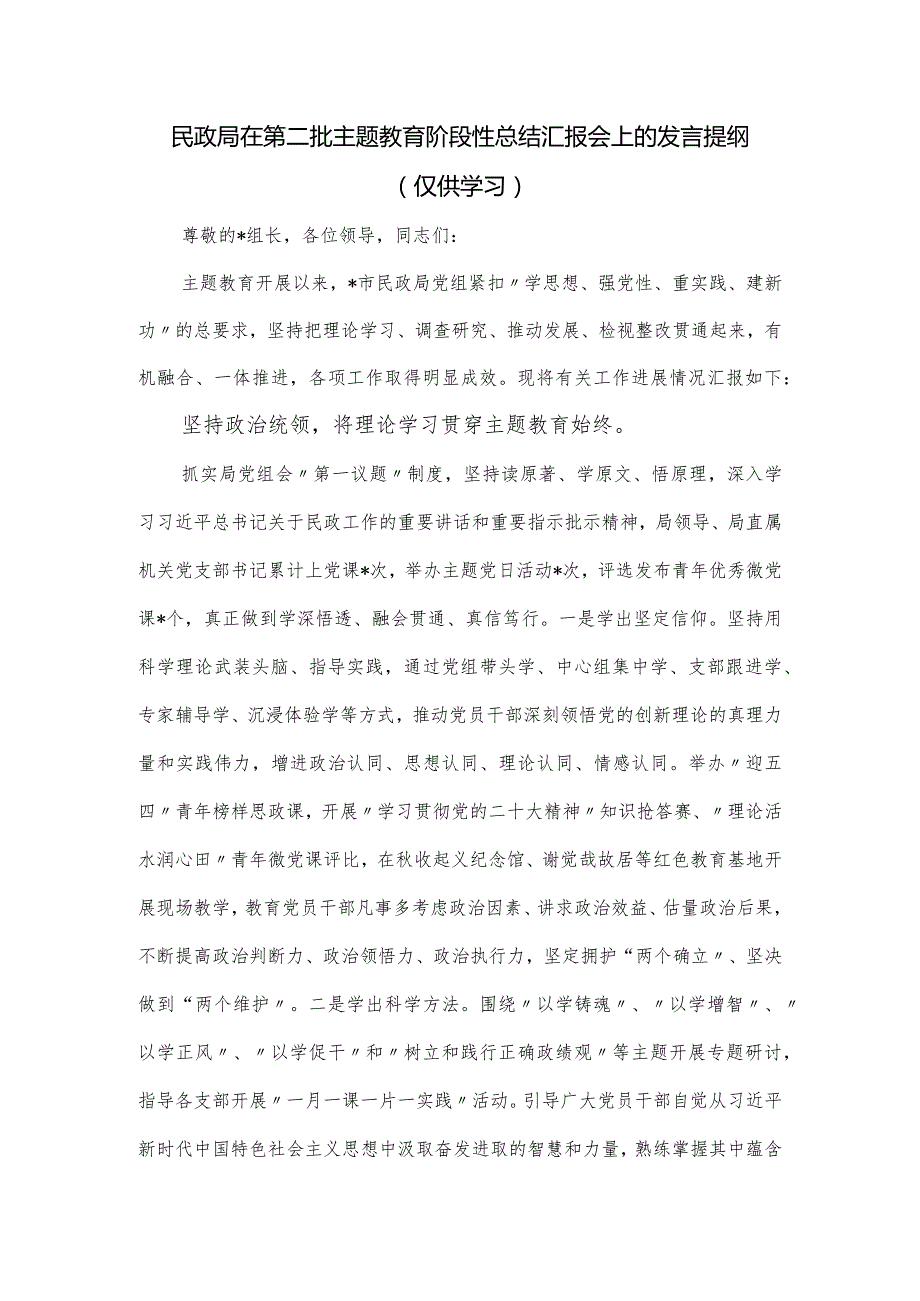 民政局在第二批主题教育阶段性总结汇报会上的发言提纲.docx_第1页