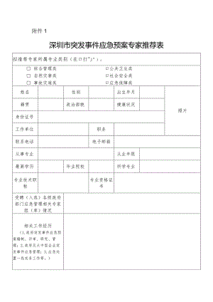 深圳市突发事件应急预案专家推荐表.docx