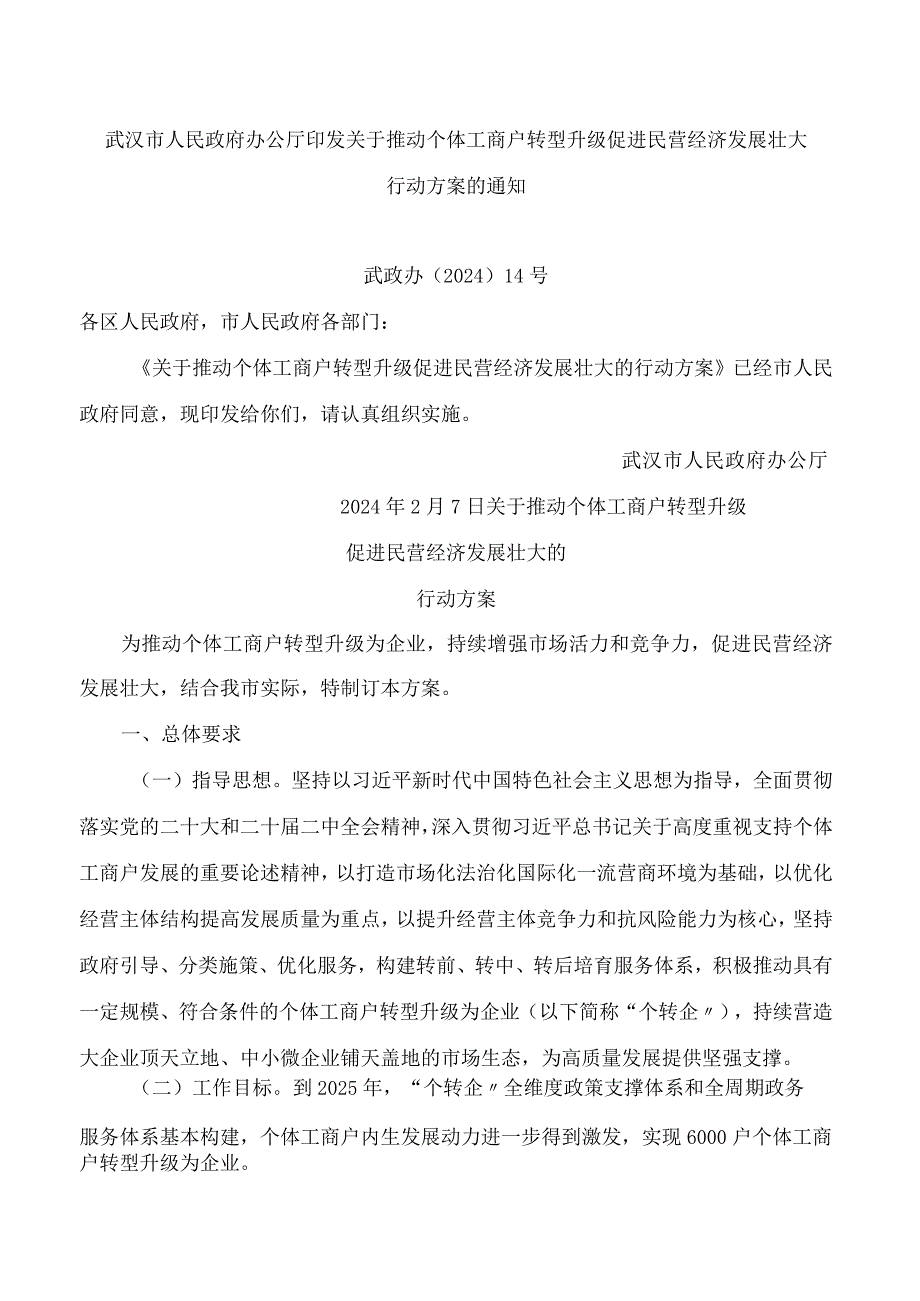 武汉市人民政府办公厅印发关于推动个体工商户转型升级促进民营经济发展壮大行动方案的通知.docx_第1页