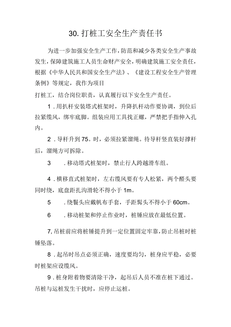 30.建筑施工企业打桩工安全生产责任书（2024版参考范本）.docx_第1页