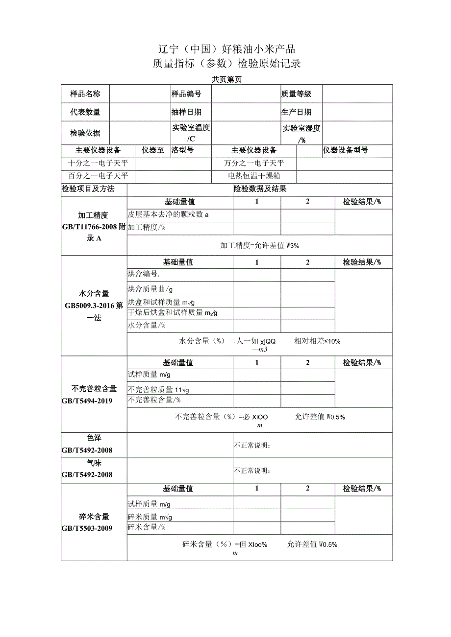 辽宁中国好粮油小米产品质量指标参数检验原始记录.docx_第1页