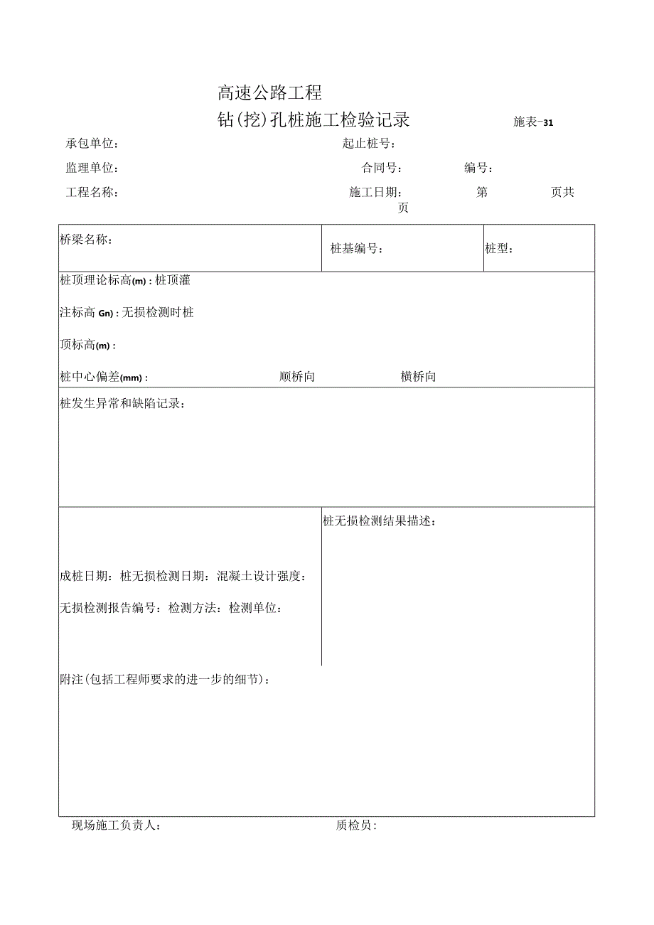 施表-31 钻(挖)孔桩施工检验记录表.docx_第1页