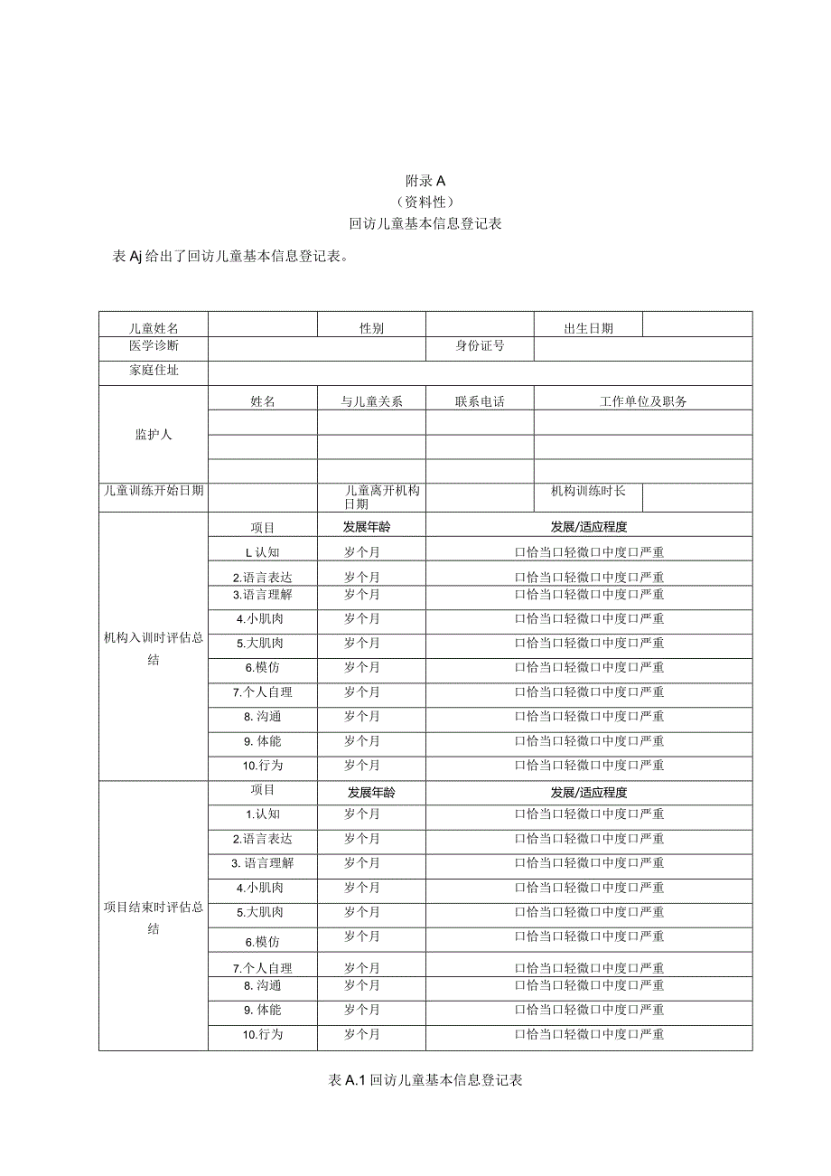 儿童福利机构回访儿童基本信息登记表、康复训练结束后评估报告、特殊儿童康复训练后回访记录表、家长满意度评估表.docx_第1页