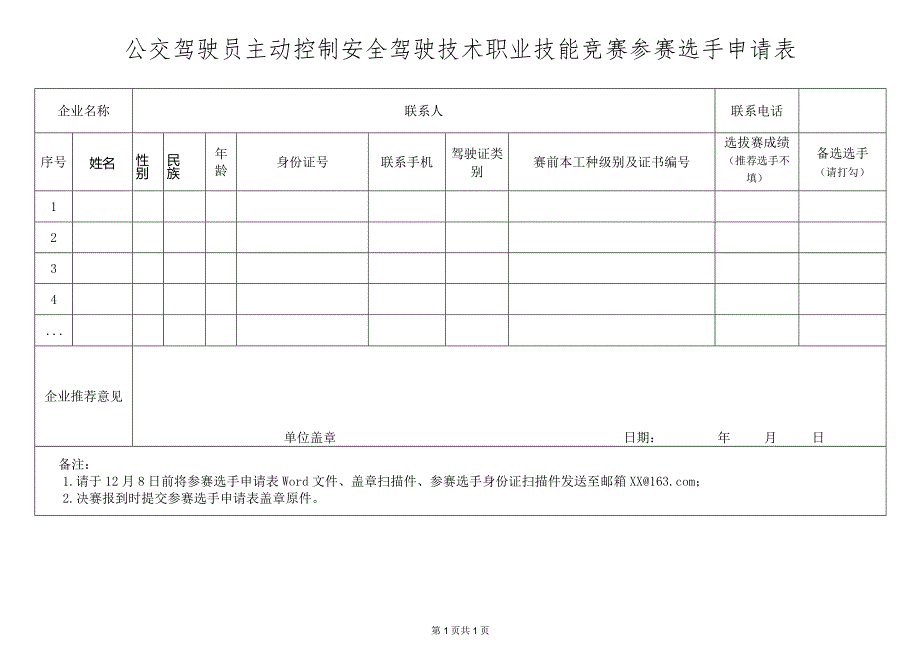 公交驾驶员主动控制安全驾驶技术职业技能竞赛参赛选手申请表.docx_第1页