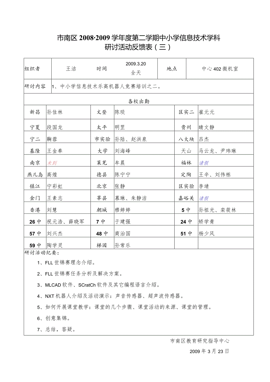 市南区2008-2009学年度第二学期中小学信息技术学科研讨活动反馈表三.docx_第1页