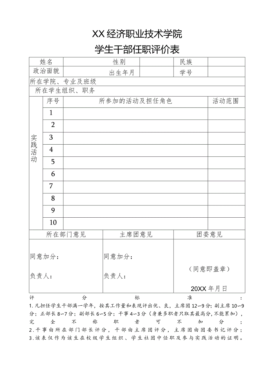 XX经济职业技术学院学生干部任职评价表（2024年）.docx_第1页