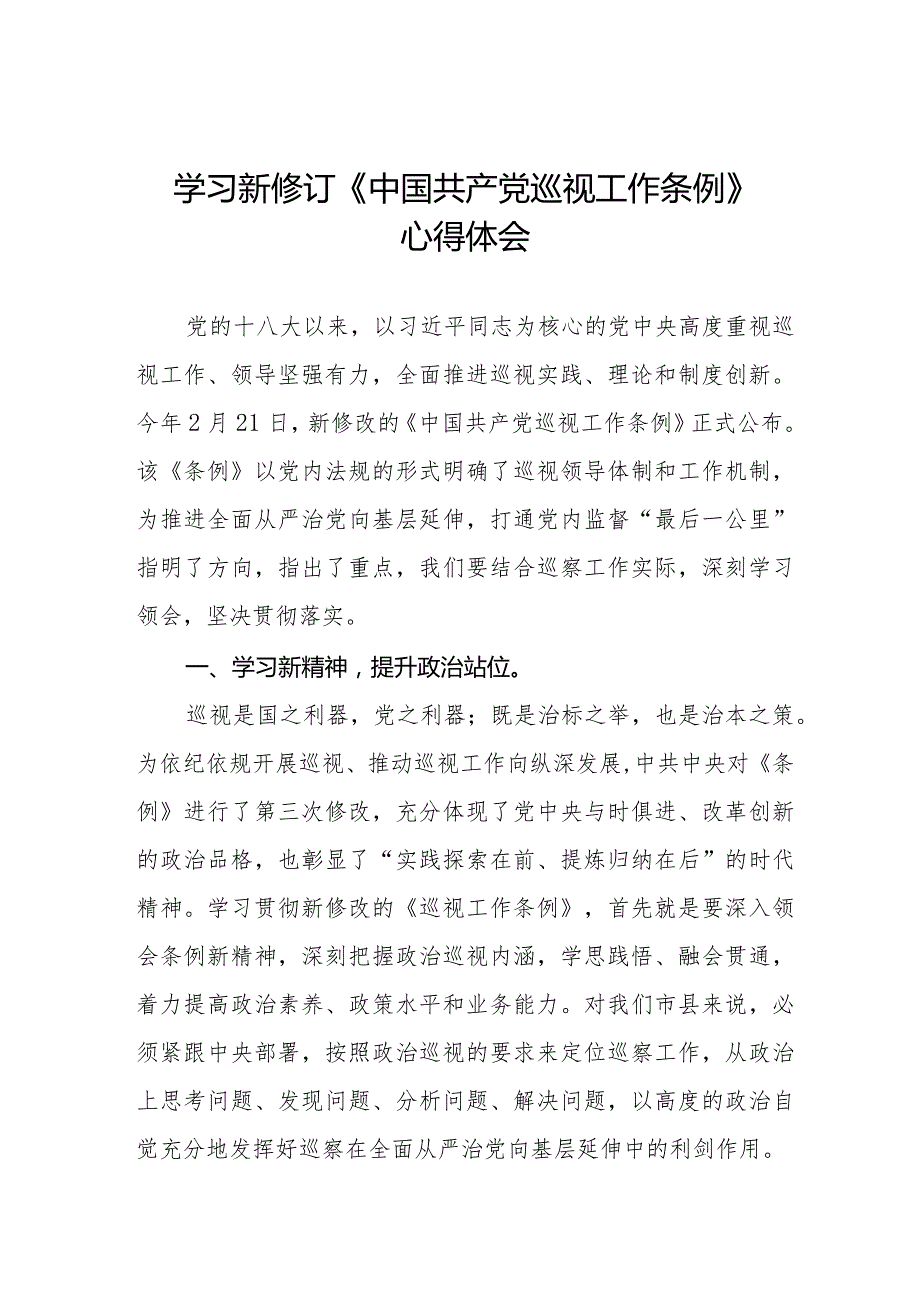 学习贯彻2024版新修订中国共产党巡视工作条例的心得体会五篇.docx_第1页