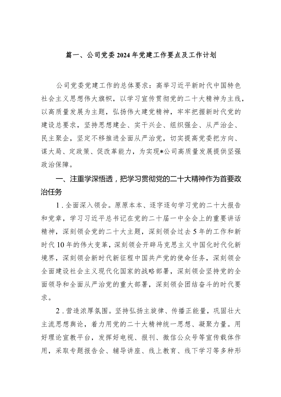 公司党委2024年党建工作要点及工作计划（共9篇）.docx_第2页