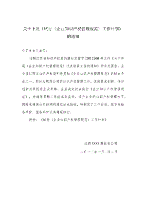 某企业《试行〈企业知识产权管理规范〉工作计划》.docx