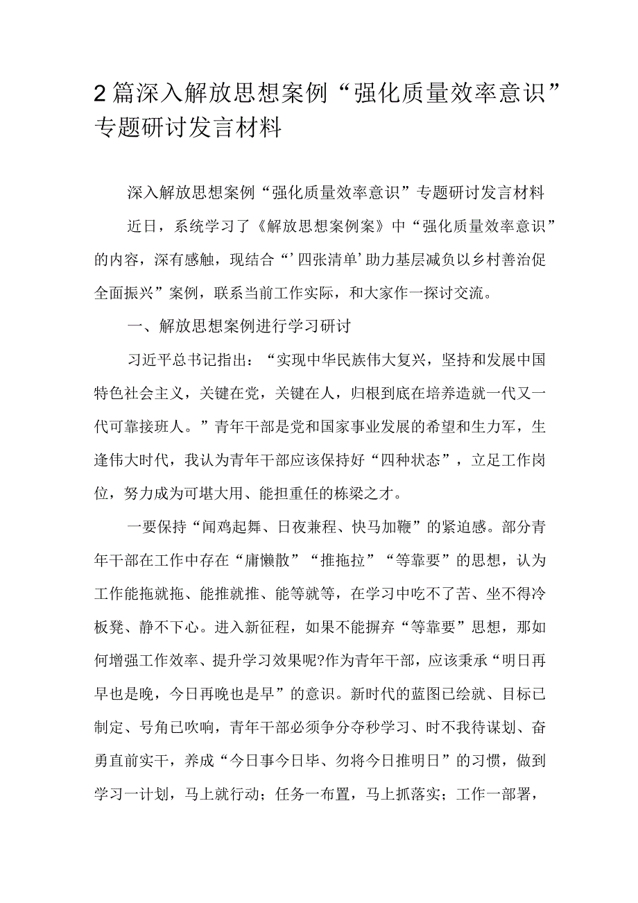 2篇深入解放思想案例“强化质量效率意识”专题研讨发言材料.docx_第1页