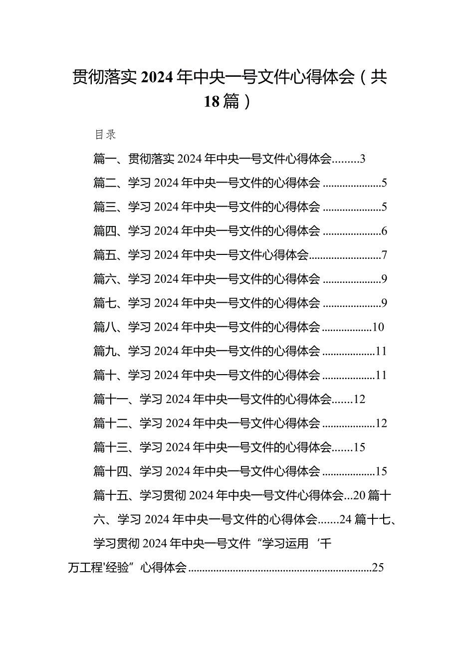 贯彻落实2024年中央一号文件心得体会18篇（详细版）.docx_第1页