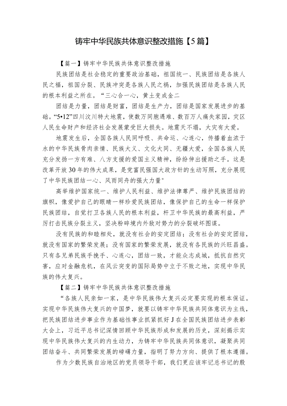 铸牢中华民族共体意识整改措施【5篇】.docx_第1页