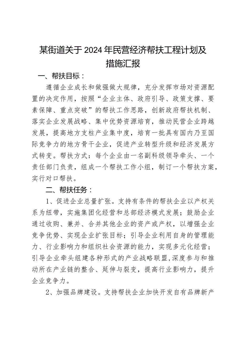 某街道关于2024年民营经济帮扶工程计划及措施汇报.docx_第1页