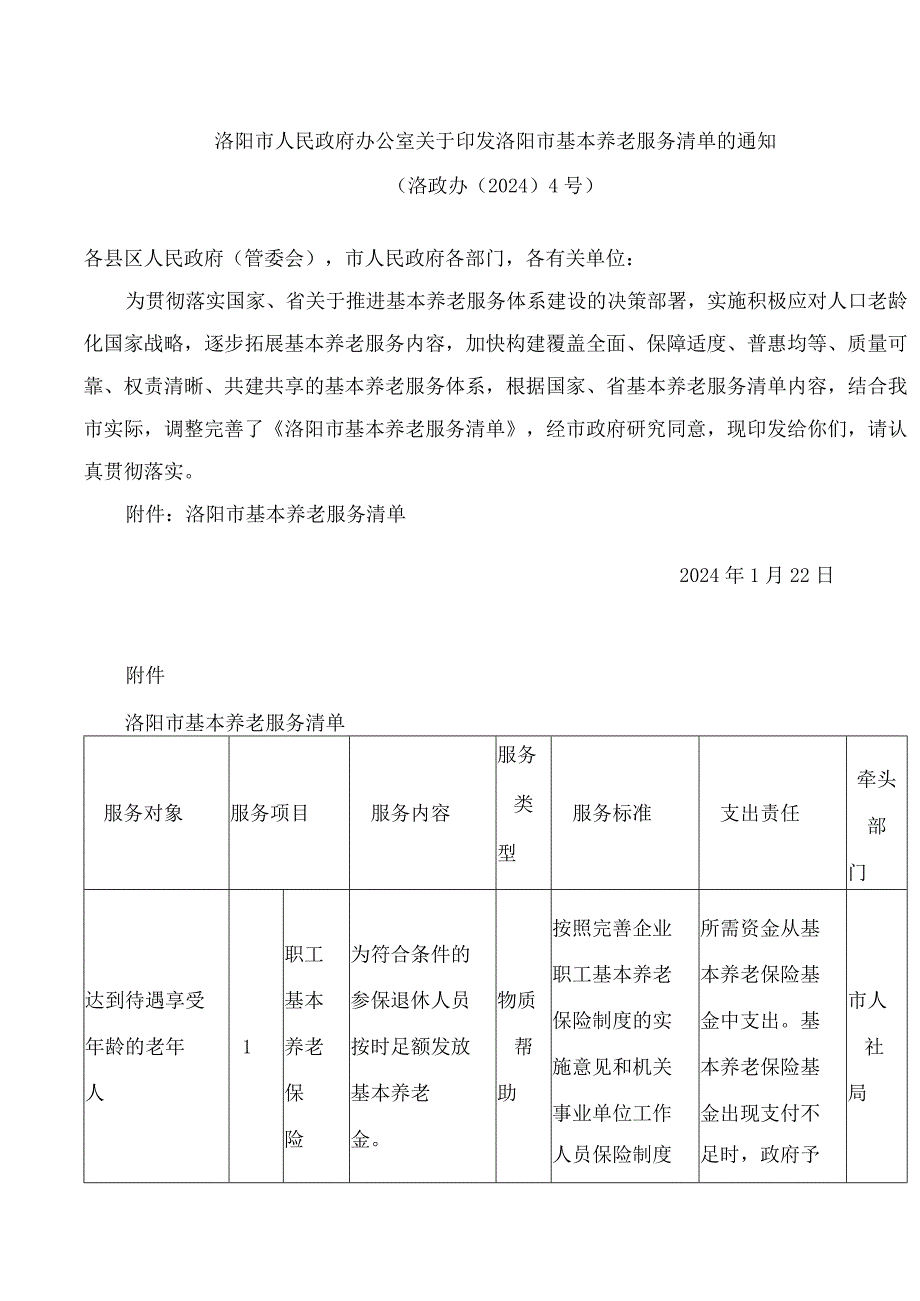 洛阳市人民政府办公室关于印发洛阳市基本养老服务清单的通知.docx_第1页