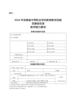 2024年安徽省中等职业学校教育教学技能竞赛参赛报名表.docx