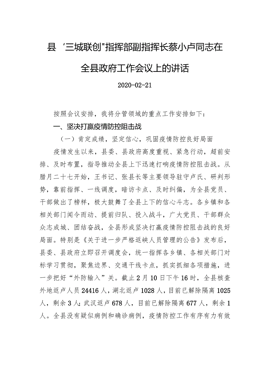 蔡小卢：在全县政府工作会议上的讲话.docx_第1页