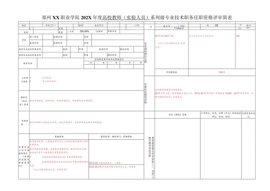 郑州XX职业学院202X年度高校教师（实验人员）系列X级专业技术职务任职资格评审简表（2024年）.docx_第1页