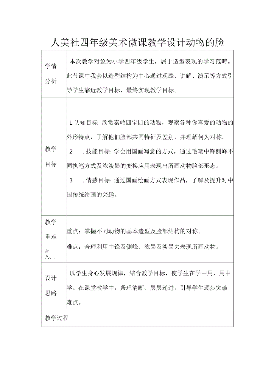 人美社四年级美术微课教学设计动物的脸.docx_第1页