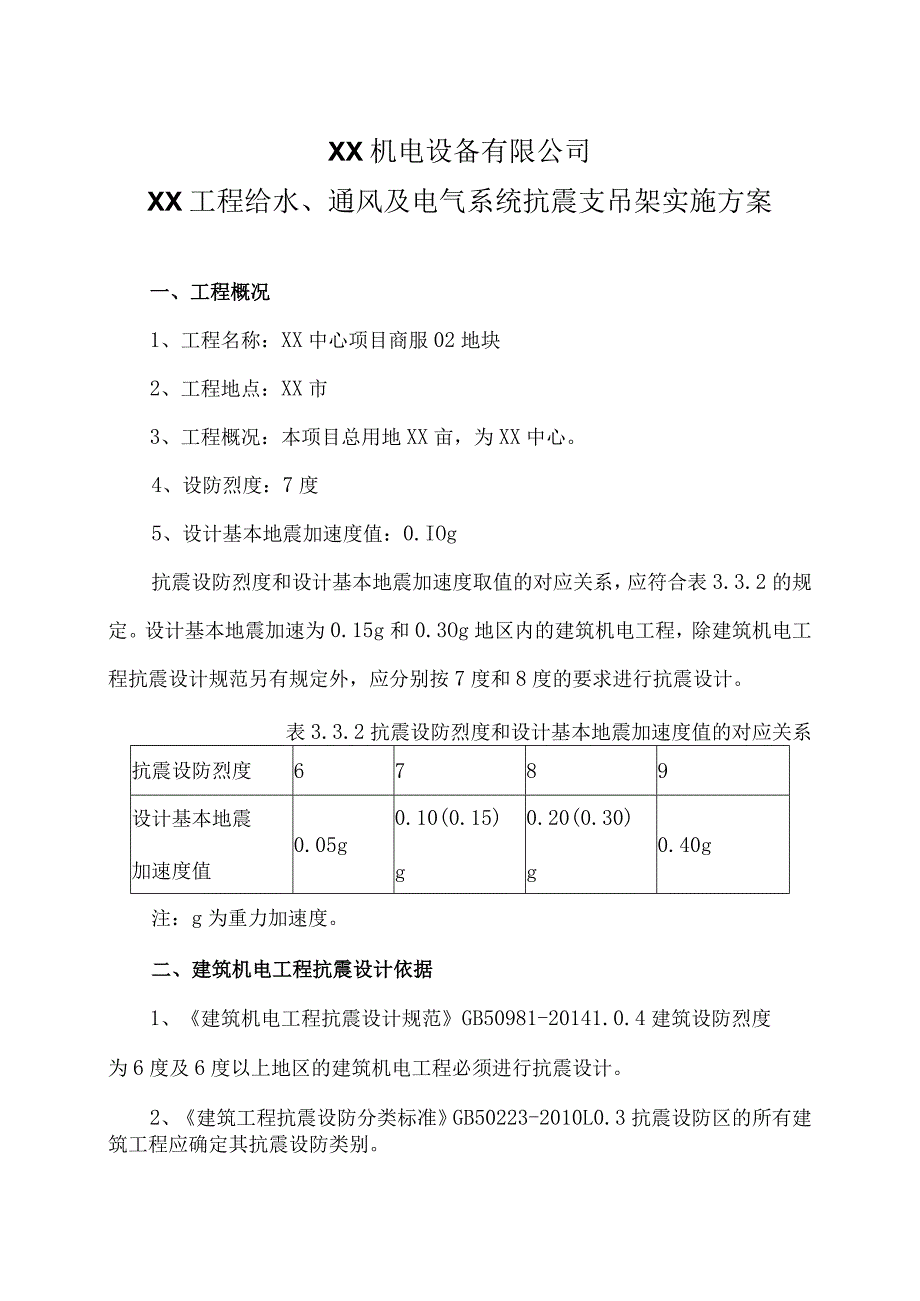 XX工程给水、通风及电气系统抗震支吊架实施方案（2024年XX机电设备有限公司）.docx_第1页