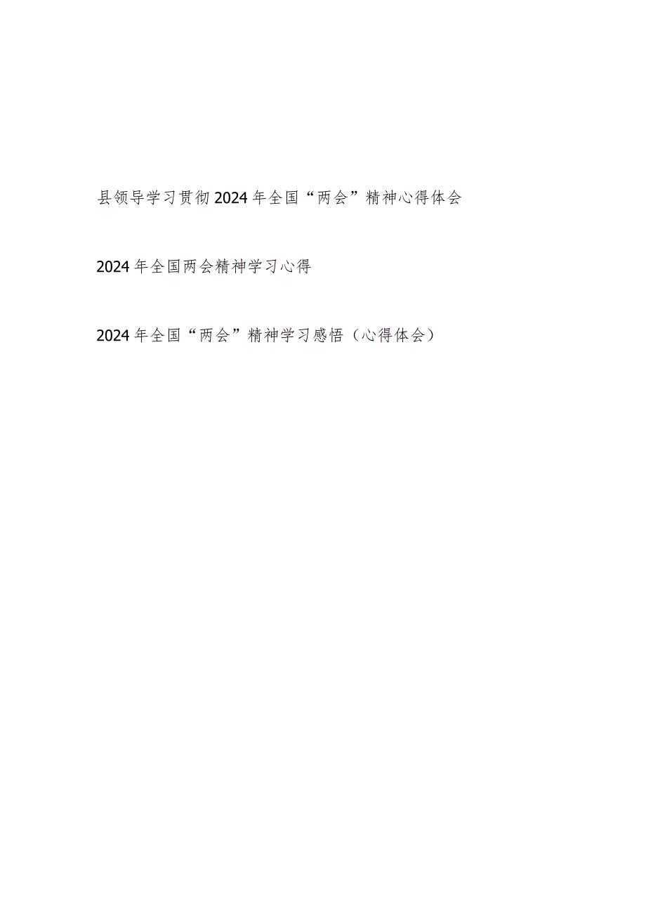 县领导及普通领导干部学习贯彻2024年全国“两会”精神心得体会感想3篇.docx_第1页