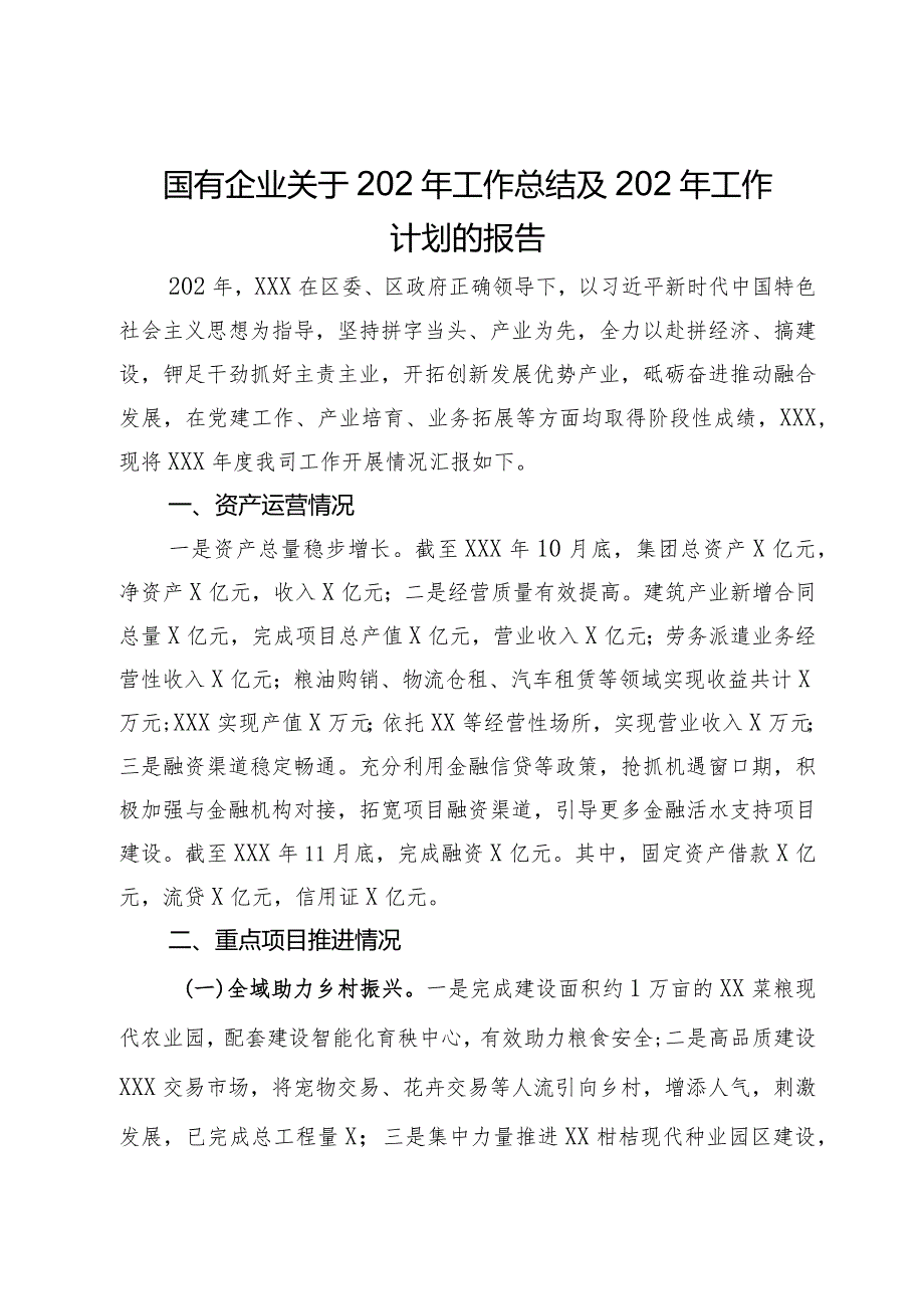 国有企业关于202年工作总结及202年工作计划的报告.docx_第1页