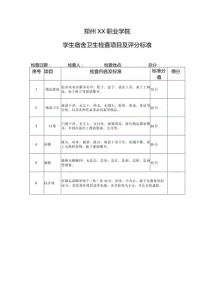 郑州XX职业学院学生宿舍卫生检查项目及评分标准（2024年）.docx