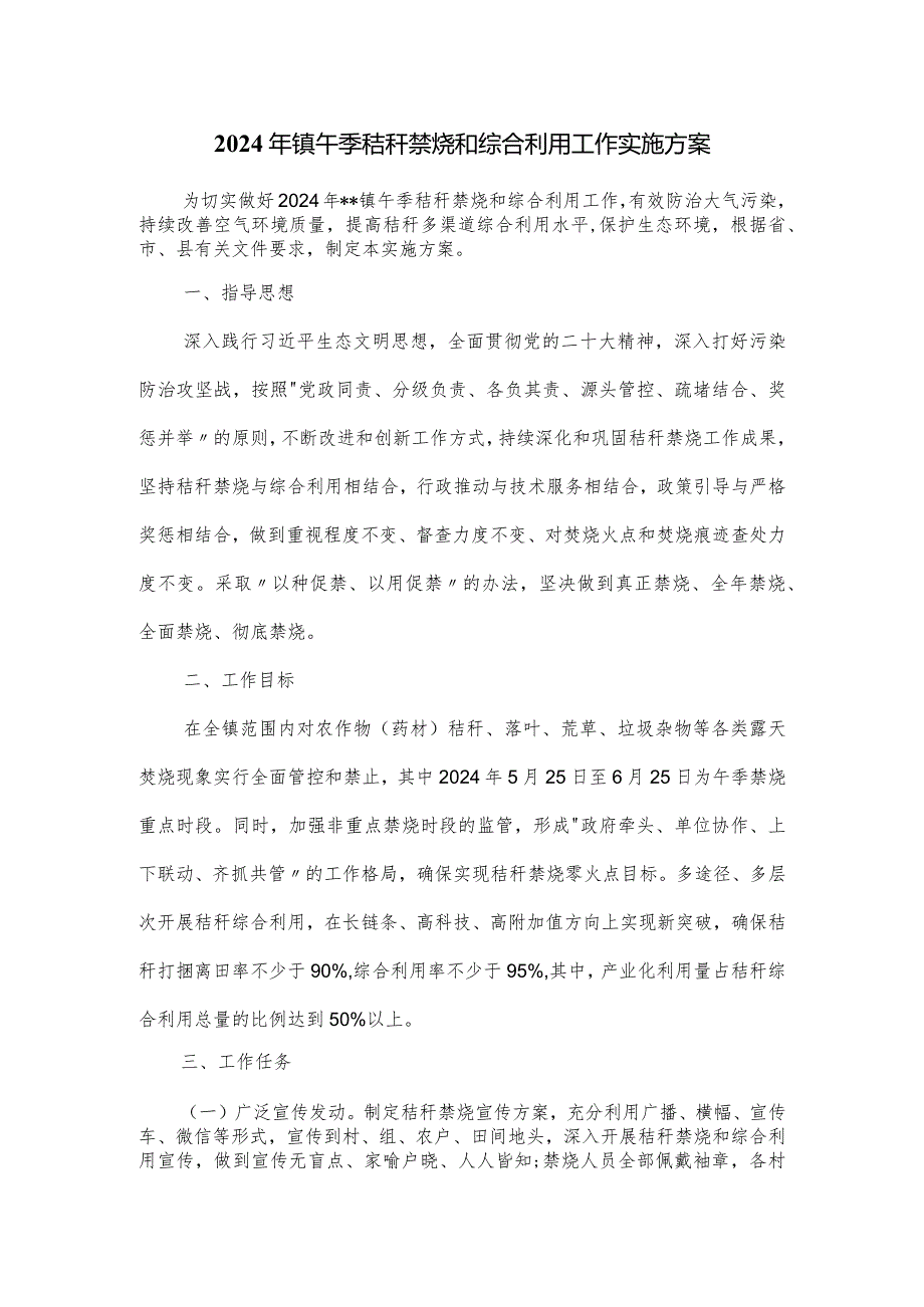 2024年镇午季秸秆禁烧和综合利用工作实施方案.docx_第1页