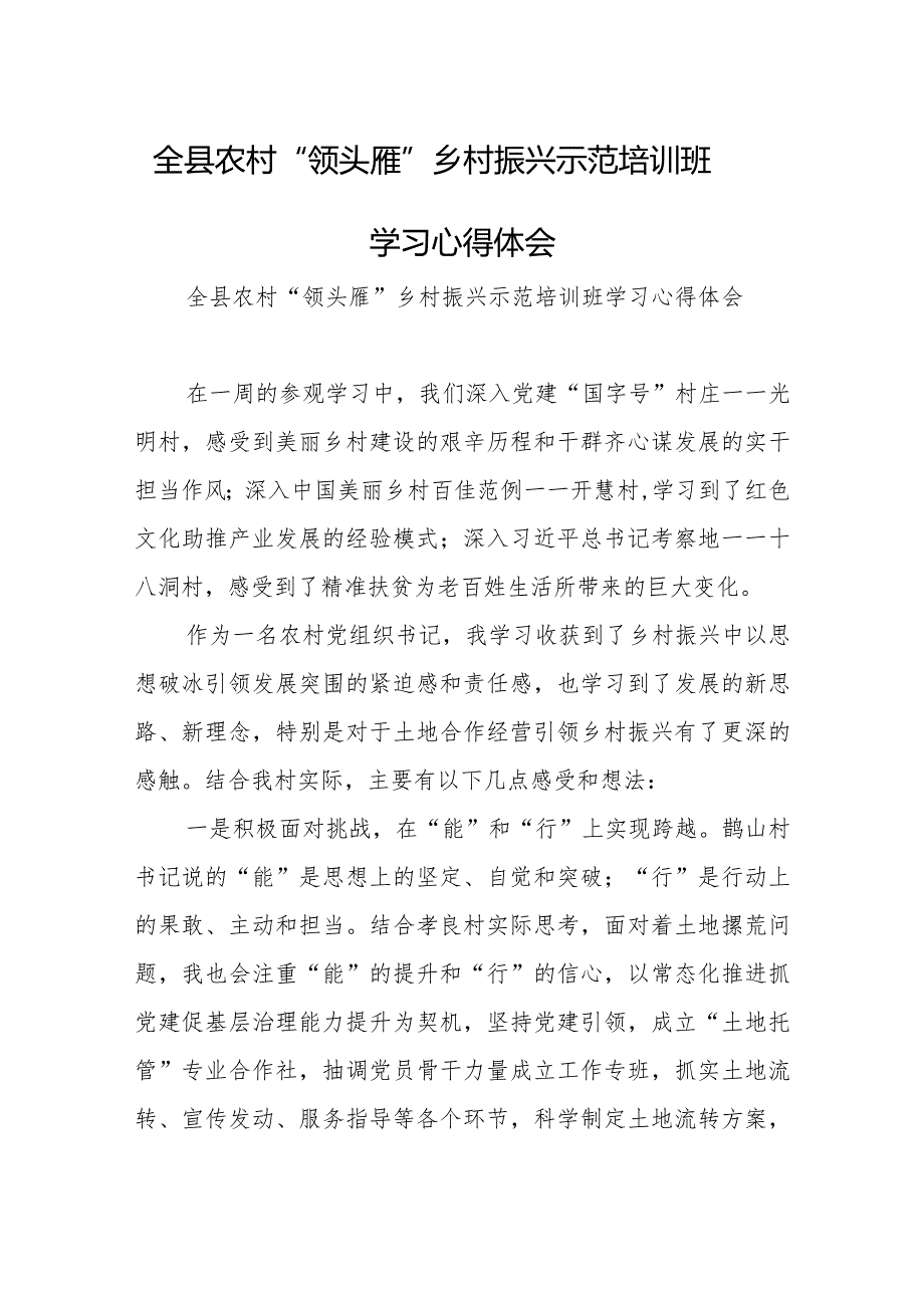 全县农村“领头雁”乡村振兴示范培训班学习心得体会.docx_第1页