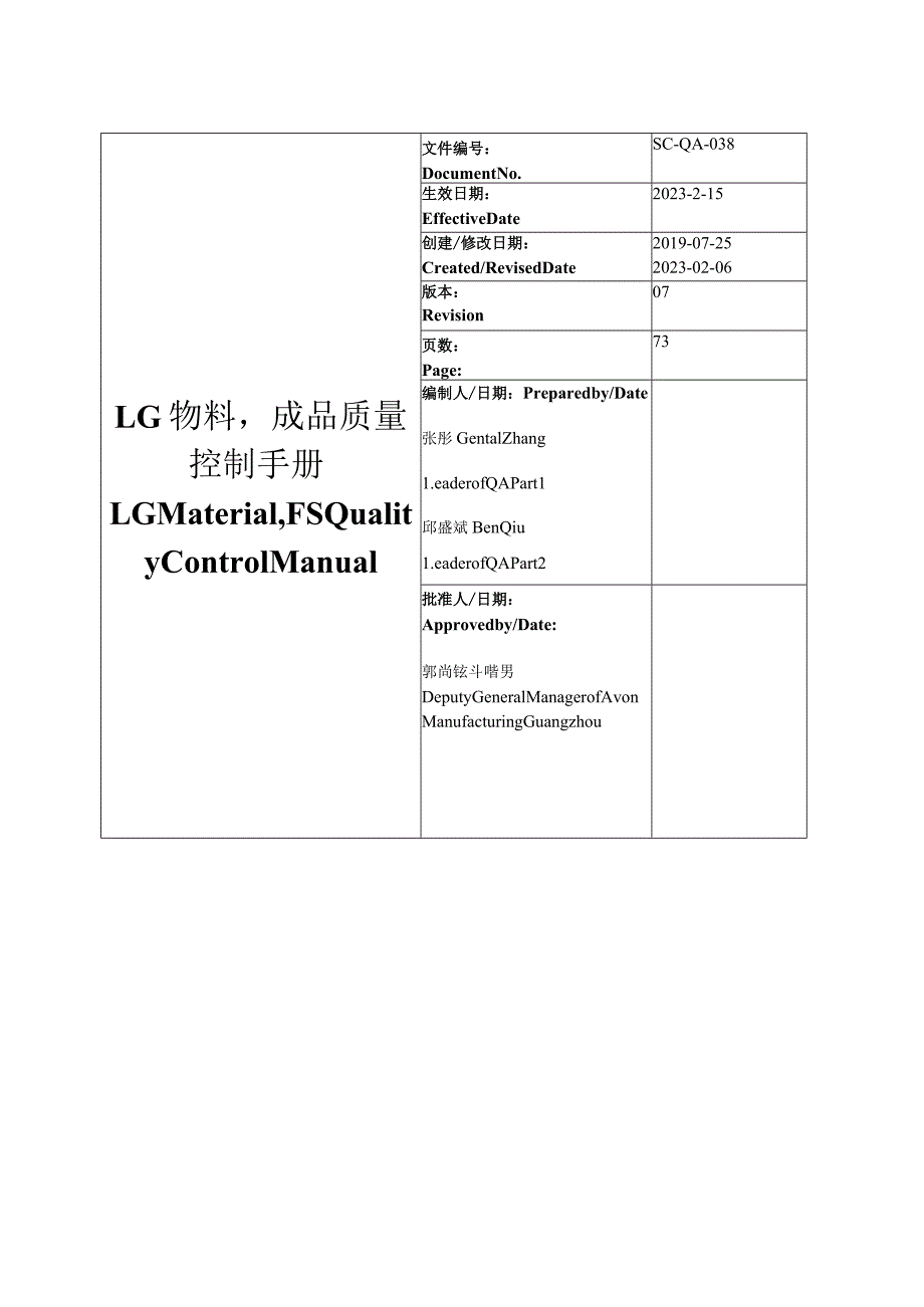 SC-QA-038-07 LG物料成品质量控制手册 LG Material, FS Quality Control Manual.docx_第1页