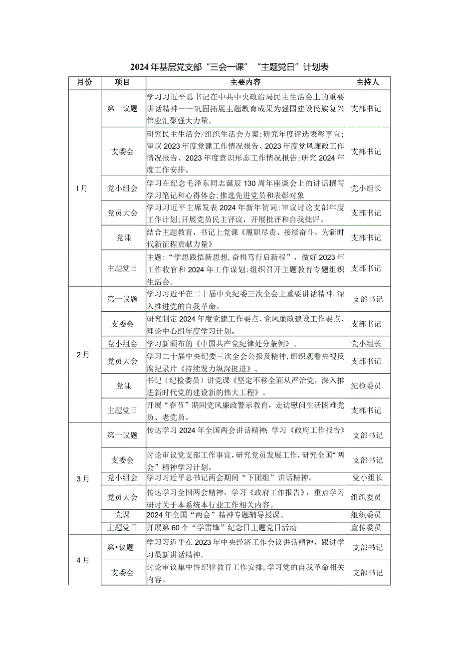 2024基层党支部“三会一课”“主题党日”计划表.docx_第1页