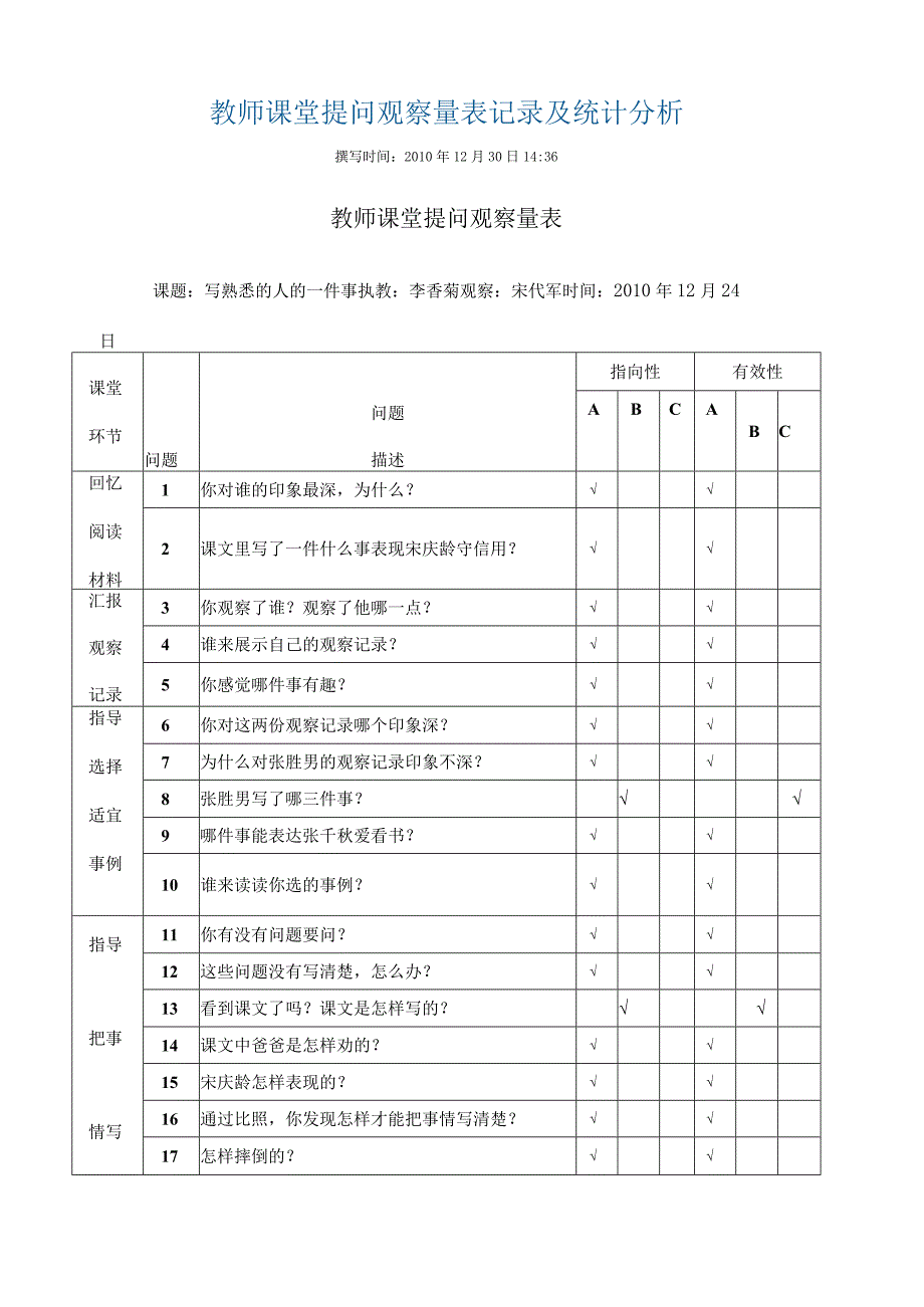 教师课堂提问观察量表记录及统计分析.docx_第1页